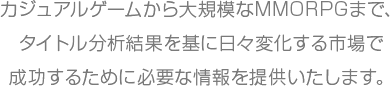 カジュアルゲームから大規模なMMORPGまで、タイトル分析結果を基に日々変化する市場で成功するために必要な情報を提供いたします。