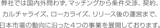 一気通貫のパブリッシング事業や運営代行やマーケティング代行などのピンポイント委託、また市場調査やローカライズ、企画コンサルティングなど顧客の問題に合わせたサービスを提供しています。また、モバイルゲームサービスを主事業としていますが、顧客ニーズや環境に合わせ、新規事業にも取り組んでいます。